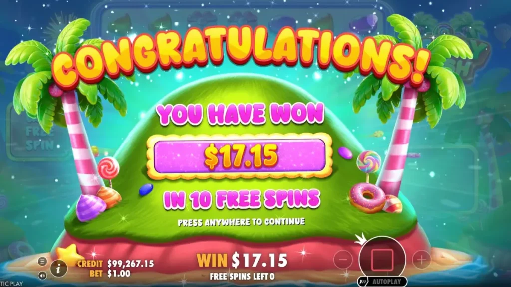 Candy Rush slot game grid with colorful candies and multiplier symbols
